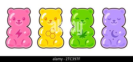 Ensemble de dessin d'ours gommeux de supplément de dessin animé mignon. Energie, multivitamine, CBD comestible, mélatonine. Illustration clip art vectorielle. Illustration de Vecteur