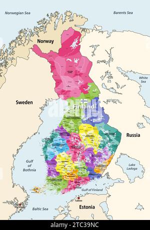 Finlande Municipalités colorées par régions carte vectorielle avec les capitales des régions, entourées par les pays et territoires voisins Illustration de Vecteur