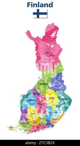 Carte vectorielle des municipalités de Finlande colorée par régions avec les capitales des régions et les noms des municipalités Illustration de Vecteur