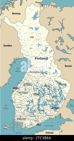 Carte vectorielle des municipalités de Finlande avec les capitales des régions, entourées par les pays et territoires voisins. Illustration de Vecteur
