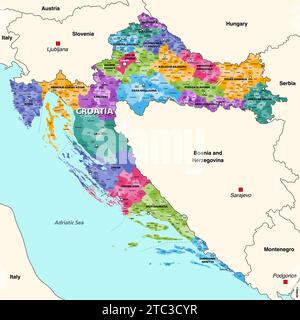 Divisions administratives de la Croatie carte vectorielle détaillée avec les pays et territoires voisins. Tous les comtés, capitales de chaque comté, municip Illustration de Vecteur