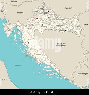 Croatie divisions administratives carte vectorielle détaillée avec tous les comtés, capitales de chaque comté, municipalités et villes inscriptions Illustration de Vecteur