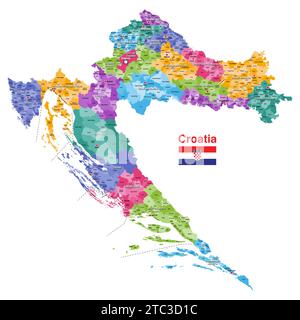 Croatie divisions administratives vecteur détaillé isolé carte colorée avec tous les comtés, capitales de chaque comté, municipalités et villes insc Illustration de Vecteur