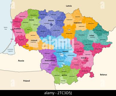 Carte vectorielle des divisions administratives de la Lituanie (comtés, municipalités et anciens) avec les pays et territoires voisins Illustration de Vecteur