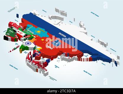 Carte isométrique vectorielle de l'Asie combinée avec des drapeaux nationaux Illustration de Vecteur