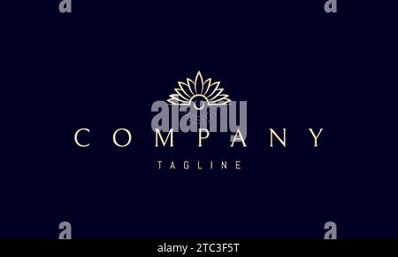 Un logo vectoriel doré avec une image abstraite de pétales sous forme de rayons du soleil et une lune à la base. Illustration de Vecteur