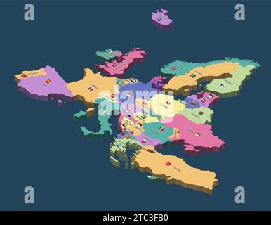 Carte isométrique politique de l'Europe avec noms de pays et icônes de drapeaux. Illustration vectorielle Illustration de Vecteur