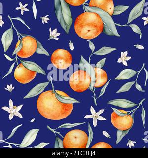 Motif sans couture avec branches de fruits orange, feuilles vertes et fleur blanche. Illustration à l'aquarelle dessinée à la main de la nourriture d'agrumes pour la conception textile Banque D'Images