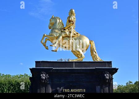 Cavalier d'or à Dresde - Statue recouverte de feuilles d'or du roi Auguste II comme César romain à cheval, Dresde dans l'État libre de Saxe, Allemagne Banque D'Images