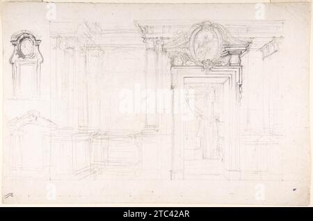 Esquisse architecturale pour la conception d'un mur avec embrasure de porte, avec deux petites esquisses pour la conception de fenêtres ou de portes (recto) ; esquisses pour une vue en plan et partielle en perspective du plafond (verso) 1965 par Luigi Vanvitelli Banque D'Images