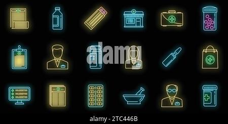 Jeu d'icônes de pharmacien médical. Contour ensemble d'icônes vectorielles de pharmacien médical couleur néon sur noir Illustration de Vecteur