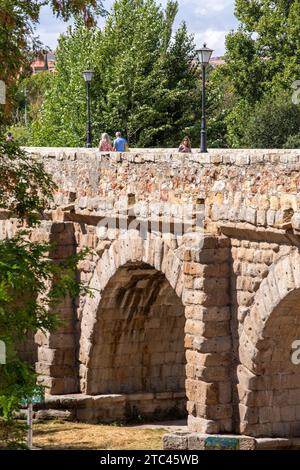 Le pont romain médiéval de Salamanque sur la rivière Tormes avec une vue sur la Nouvelle cathédrale de Salamanque en arrière-plan Espagne Banque D'Images