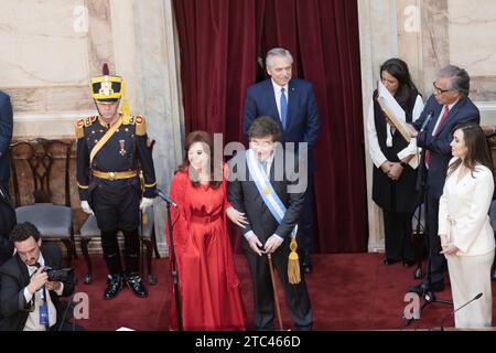 Buenos Aires, Argentine. 10 décembre 2023. Javier Milei a assumé la présidence de la Nation, à Buenos Aires, Argentine, le 10 décembre 2023. Javier Milei est le nouveau Président de la Nation pour la période 2023-2027. (Photo Esteban Osorio/Sipa USA) crédit : SIPA USA/Alamy Live News Banque D'Images