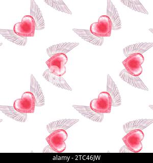 Motif sans couture coeur rose avec ailes d'ange blanc, symbole de l'amour. Élément design Saint-Valentin. Illustration aquarelle dessinée à la main isolée Banque D'Images