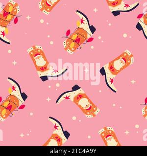 Bottes de cow-boy de Noël avec Père Noël et lumières de Noël sur fond rose, motif sans couture. Illustration de vacances d'hiver festive mignonne. Co. Lumineux Banque D'Images