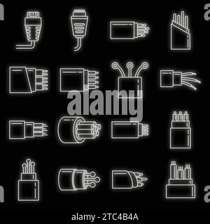 Jeu d'icônes de fibre optique moderne. Contour ensemble d'icônes de vecteur de fibre optique moderne couleur néon sur noir Illustration de Vecteur