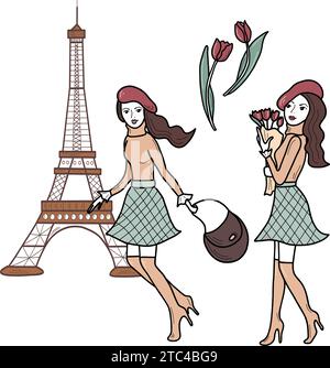 Ensemble de jeune fille en béret avec bouquet ou courant avec un sac sur fond avec Tour Eiffel et fleurs de tulipe. Illustration vectorielle plate isolée. Illustration de Vecteur