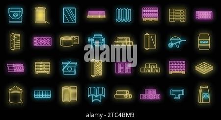 Ensemble d'icônes de matériaux de construction modernes. Contour ensemble d'icônes vectorielles de matériaux de construction modernes couleur néon sur noir Illustration de Vecteur