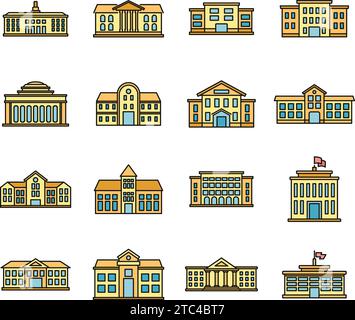 Icônes campus universitaires définies. Contour ensemble d'icônes vectorielles de campus d'université couleur fine de ligne plate sur blanc Illustration de Vecteur