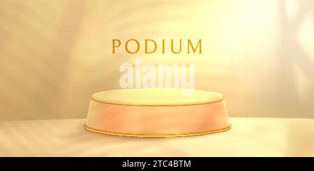 Podium rond ou piédestal avec fond de feuilles de palmier. Plate-forme de présentation de produits beige avec décor doré. Scène de salle d'exposition de studio avec ombre de feuille tropicale sur le mur de la lumière du soleil. Vecteur 3D réaliste. Illustration de Vecteur