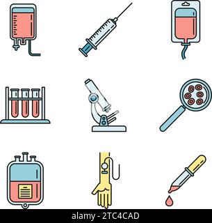 Jeu d'icônes de don de transfusion sanguine. Contour ensemble d'icônes de vecteur de don de transfusion sanguine couleur de ligne mince plat sur blanc Illustration de Vecteur