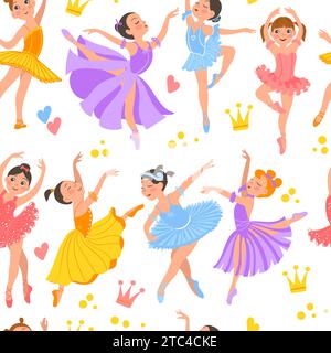 Motif petites ballerines sans couture. Jeunes filles danseuses de ballet. Robes Tutu et chaussures pointe. Personnages dansants. Princesse gracieuse. Théâtre Illustration de Vecteur