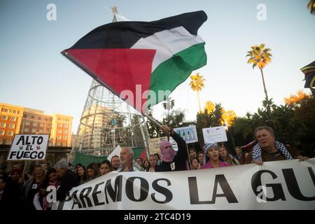 Un manifestant pro-palestinien agitant un drapeau palestinien derrière une grande bannière alors qu'il participe à une manifestation de solidarité avec le peuple palestinien sur la place Plaza de la Marina, dans un conflit de guerre entre Israël et le Hamas. Des dizaines de personnes se sont rassemblées pour soutenir la Palestine et la bande de Gaza, appelant à la paix et au respect des droits de l'homme, pour marquer la Journée internationale des droits de l'homme, le 10 décembre. Banque D'Images