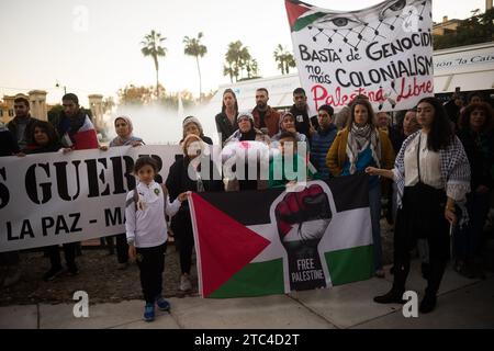 Une manifestante pro-palestinienne (C) derrière un drapeau palestinien est vue brandissant une poupée couverte de faux sang alors qu'elle participe à une manifestation de solidarité avec le peuple palestinien sur la place Plaza de la Marina, dans un conflit de guerre entre Israël et le Hamas. Des dizaines de personnes se sont rassemblées pour soutenir la Palestine et la bande de Gaza, appelant à la paix et au respect des droits de l'homme, pour marquer la Journée internationale des droits de l'homme, le 10 décembre. Banque D'Images