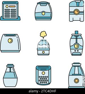 Icônes de purificateur d'air domestique définies. Contour ensemble d'icônes vectorielles de purificateur d'air à la maison couleur fine de ligne plate sur blanc Illustration de Vecteur