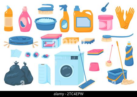 Fournitures de nettoyage pour dessins animés. Outils de lavage. Équipement ménager. Détergents chimiques. Flacons pulvérisateurs. Brosse et essuie les éponges. Vadrouille avec seau. Vide Illustration de Vecteur