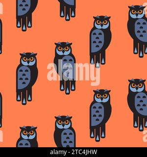 Modèle sans couture vectoriel avec hiboux graphiques. Personnage de forêt d'oiseaux élégant de dessin animé. Fond orange. Illustration de Vecteur
