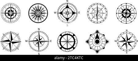 Jeu de compas. Clipart de roses de vent marin. Icônes de navigation, compas monochromes nautiques pour le service de navigation, symboles vectoriels décents Illustration de Vecteur