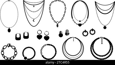 Collier, boucles d'oreilles et bracelets silhouettes noires. Perles perles, chaînes et colliers. Collection vectorielle décorative de bijoux Illustration de Vecteur