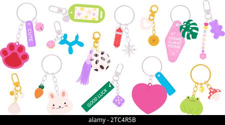 Porte-clés et porte-clés de dessin animé. Porte-clés décoratif avec animaux et symboles Kawaii. Pendentifs et chaînes mignons enfantins, ensemble vectoriel racé Illustration de Vecteur