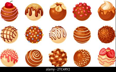 Bombes de chocolat de dessin animé. Bonbons bombe, cacao planète confiserie boules de chocolat avec de la poudre de sucre, fraise ou sucrerie boule de bonbons cupcake rond, illustration vectorielle néotérique de jeu Illustration de Vecteur