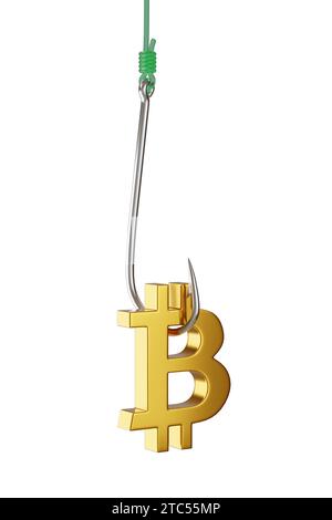 Hameçon de pêche avec un signe bitcoin isolé sur fond blanc. illustration 3d. Banque D'Images