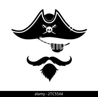 Masque de cabine photo de capitaine pirate de tricorne et eyepatch, vecteur de bande dessinée. Pirate des Caraïbes ou corsaire marin photo stand masque effet visage de chapeau de capitaine avec crâne et croisillons, cache-oeil et barbe Illustration de Vecteur