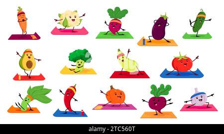 Personnages végétaux de dessins animés sur le fitness de yoga. Vecteur légumes drôles carotte, chou-fleur, radis ou betterave avec aubergine et concombre. Avocat, brocoli, courge et tomate, épinards, poivre et ail Illustration de Vecteur