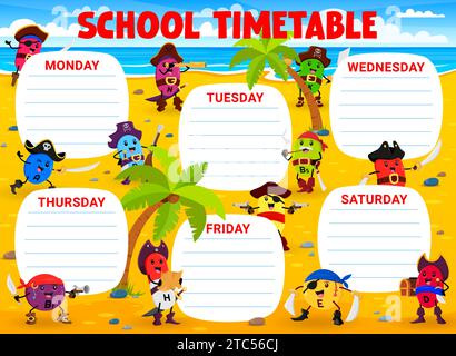 Calendrier de l'éducation scolaire avec des personnages pirates de vitamine de dessin animé et de micronutriments. Planificateur quotidien vectoriel des classes scolaires avec K, H, B1 et D, A, E vitamine corsair Cute Personages sur l'île au Trésor Illustration de Vecteur