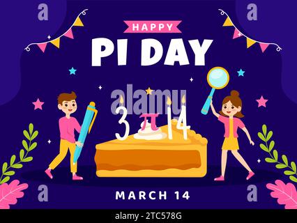 Happy Pi Day Vector Illustration le 14 mars avec des enfants, des constantes mathématiques, des lettres grecques ou Baked Sweet Pie dans le fond de dessin animé plat de vacances Illustration de Vecteur