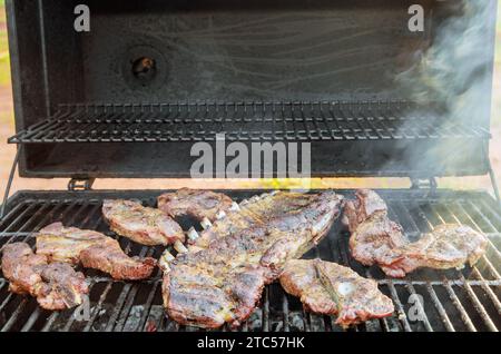 Barbecue grill est utilisé pour fumer à chaud variété de viandes de porc juteuses Banque D'Images