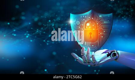 Ai robot Hand Holding Shield avec icône Padlock sur fond bleu abstrait. Blocage des cyber-attaques, cyber-données et confidentialité des informations avec IA Banque D'Images