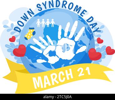 Illustration vectorielle de la Journée mondiale du syndrome de Down le 21 mars avec ruban bleu et jaune, carte de la Terre, chaussettes non appariées et enfants en fond de dessin animé plat Illustration de Vecteur