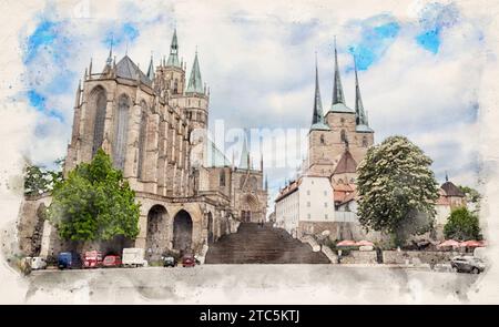 La cathédrale ou l'Erfurter Dom et la Domplatz d'Erfurt, Allemagne dans le style d'illustration d'aquarelle Banque D'Images