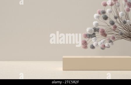 Support rectangulaire beige minimaliste avec des plantes décoratives de couleur pastel. Maquette de podium ou de plate-forme pour l'affichage du produit. Vitrine pour la publicité et Banque D'Images
