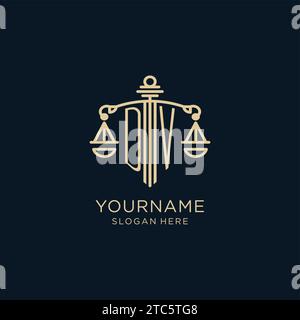 Logo DV initial avec bouclier et échelles de justice, luxe et graphique vectoriel de conception de logo de cabinet d'avocats moderne Illustration de Vecteur
