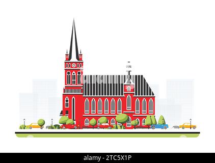 Ancienne cathédrale rouge dans un style plat avec arbres et voitures. Illustration vectorielle. Scène de ville isolée sur fond blanc. Architecture urbaine. Illustration de Vecteur