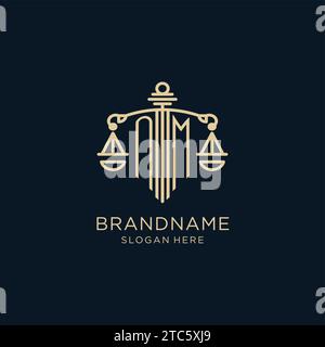 Logo NM initial avec bouclier et échelles de justice, luxe et graphique vectoriel de conception de logo de cabinet d'avocats moderne Illustration de Vecteur