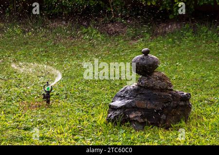 Jardin, arrosage de l'herbe. Jardin intelligent activé avec un système d'arrosage automatique complet fonctionnant dans un parc vert. Concept de jardinage. Banque D'Images