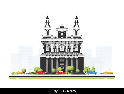 Ancienne cathédrale de style plat avec arbres et voitures. Illustration vectorielle. Scène de ville isolée sur fond blanc. Architecture urbaine. Illustration de Vecteur